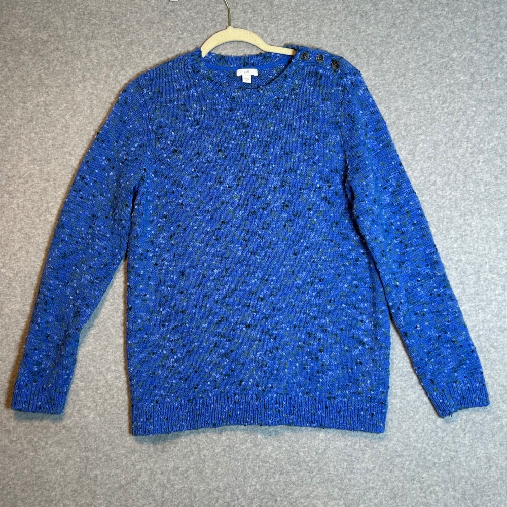 J. Jill Sweater Women M Blue Marled Button Shoulder Knit Pullover Coastal